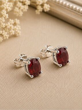 Classic Petite Garnet Stud Earrings 925 Silver Prong Set Jan Birthstone #627